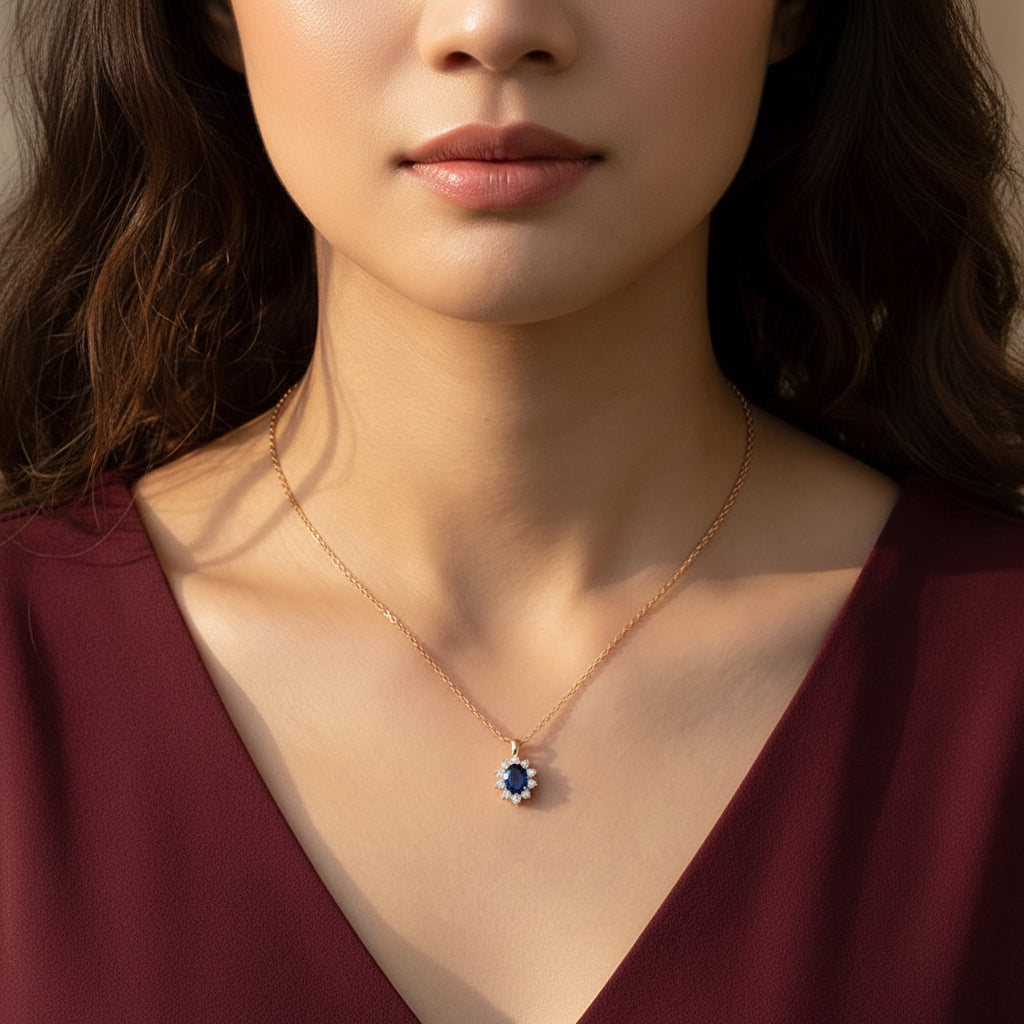 Rose gold necklace with a blue gemstone pendant on a person wearing a black top.