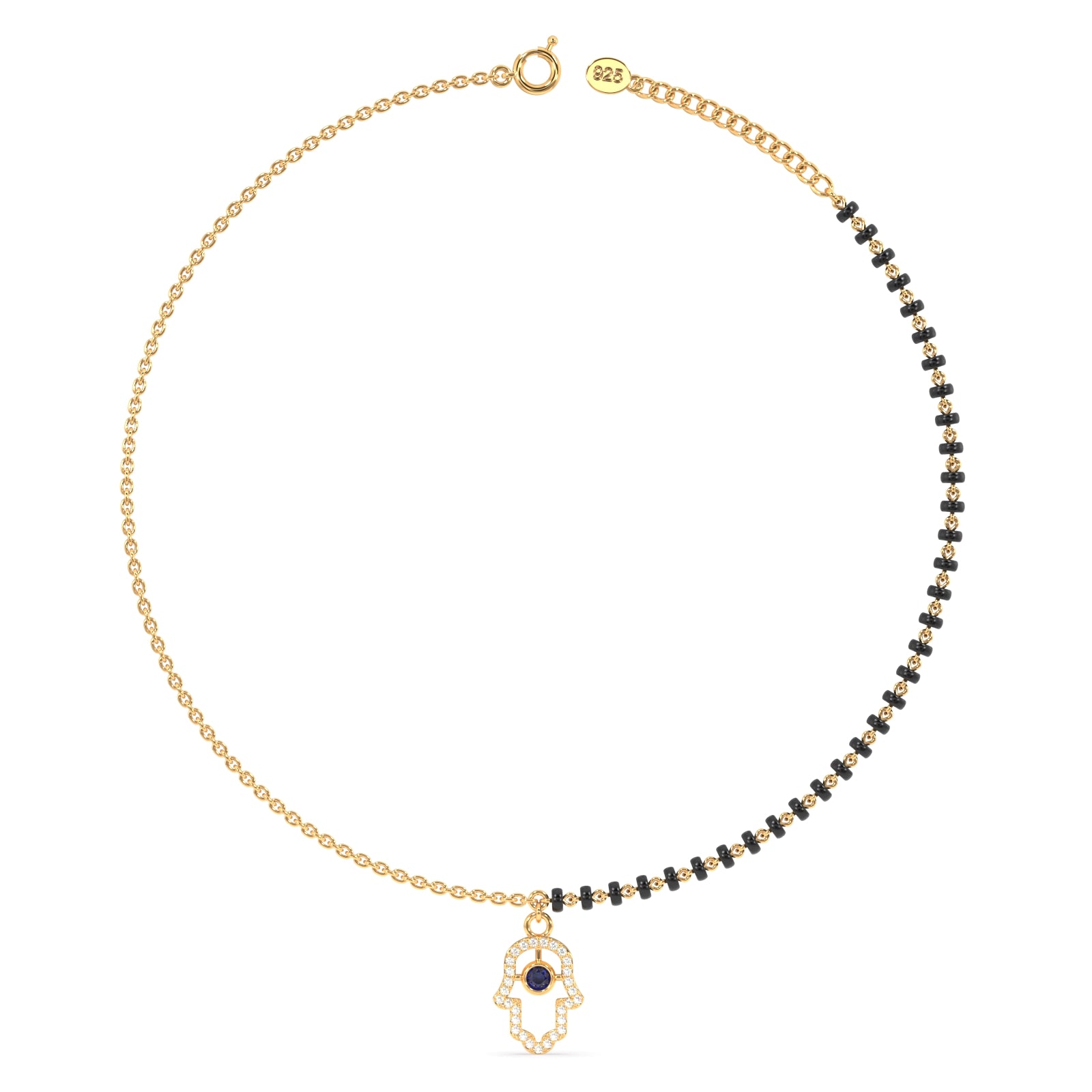 Protective Hamsa Black Beads Anklet in 92.5 Sterling Silver
