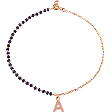 Black Bead Initial Anklet in 92.5 Sterling Silver