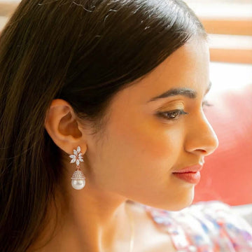 Petal and Pearl Drop Studs in 92.5 Sterling Silver