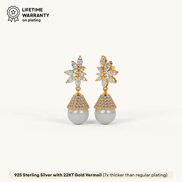 Petal and Pearl Drop Studs in 92.5 Sterling Silver