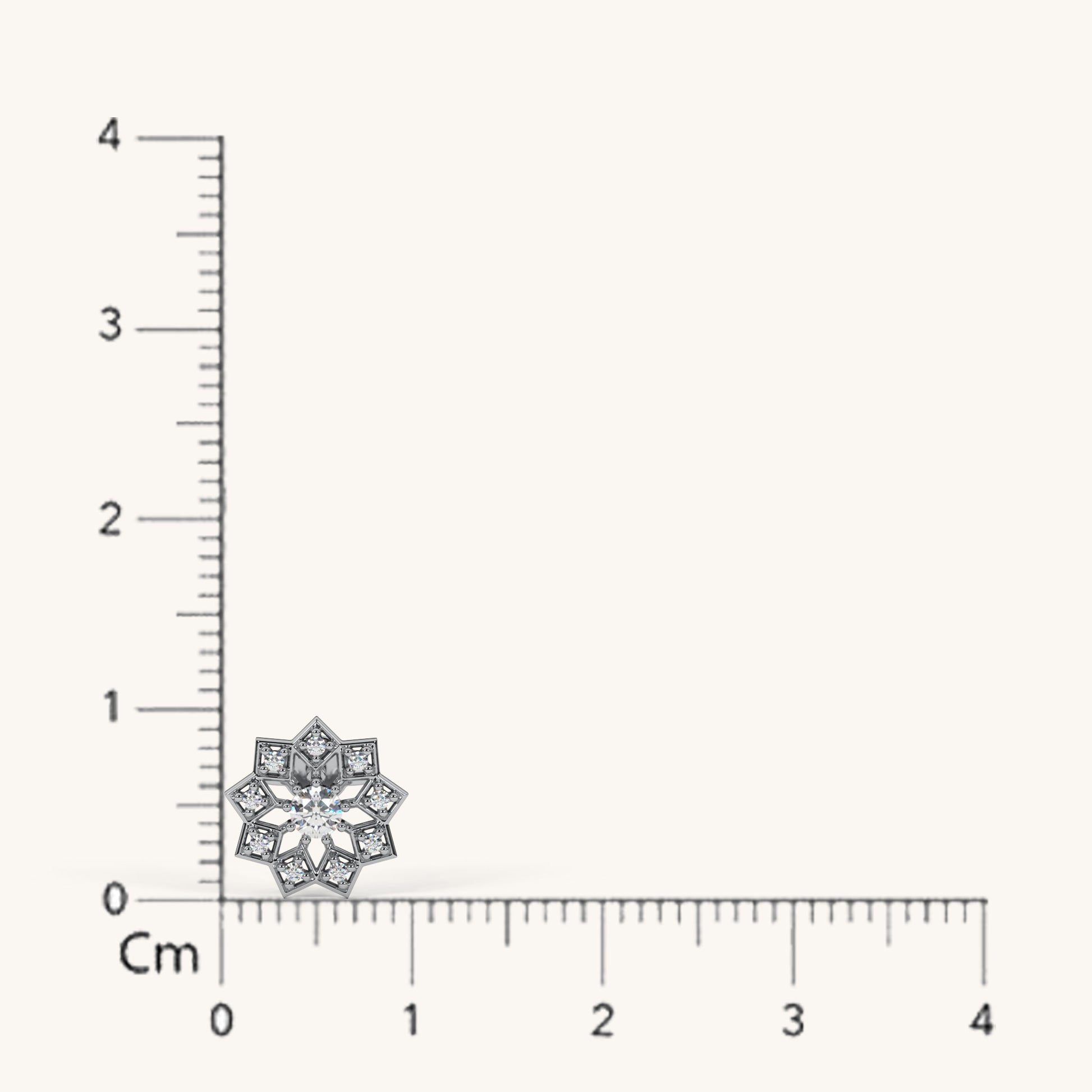 Diamond flower pendant next to a ruler on a white background